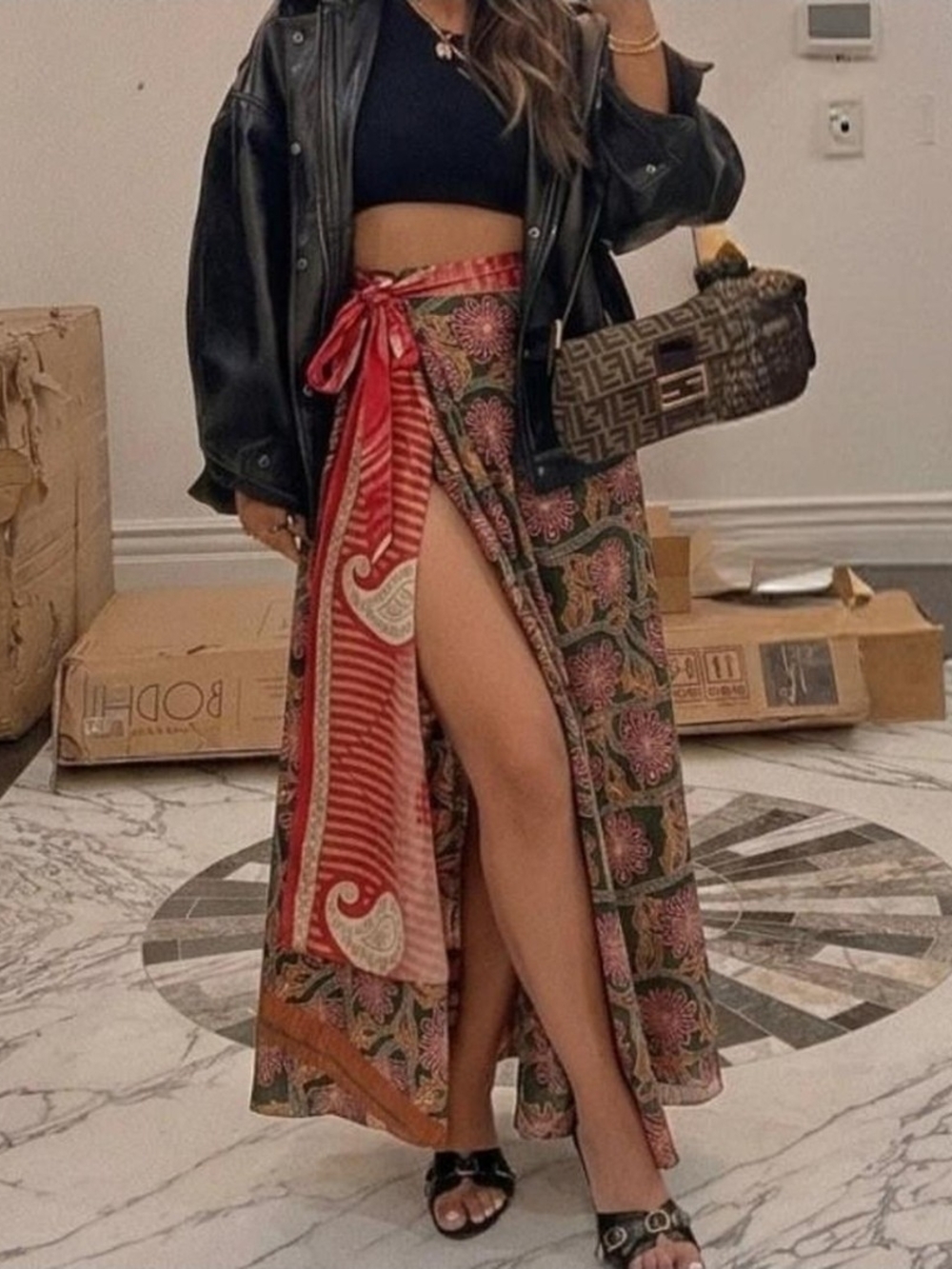 Boho Wrap Maxi Skirt with Red & Olive Floral Print